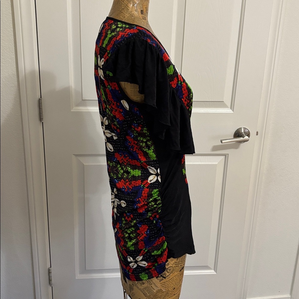 Custo Barcelona Line blouse top (3) shell abstract print ruffle sleeve Y2K boho - Picture 2 of 9